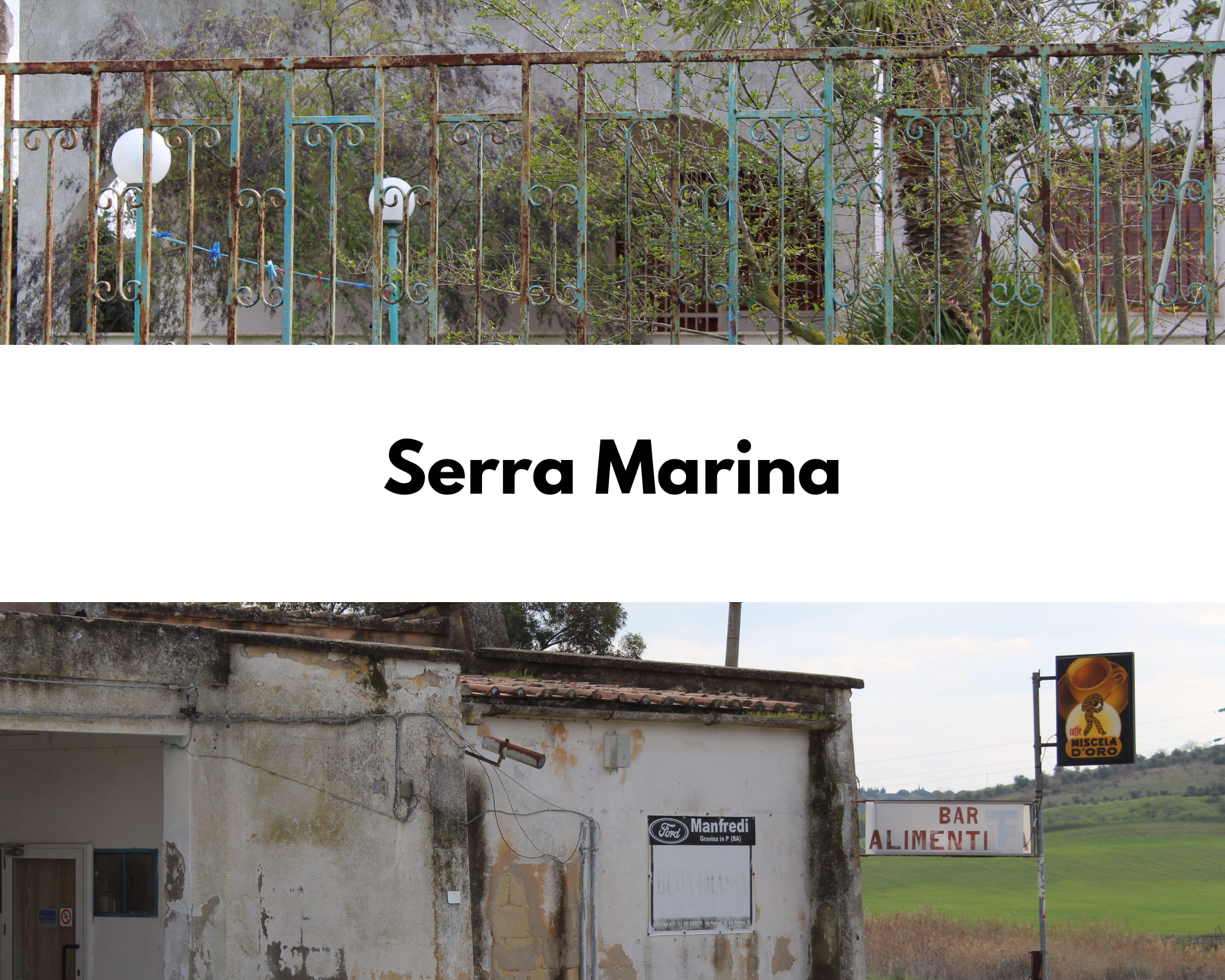 Borgo di Serra Marina: una cancellata in ferro arrugginita con dello smalto verdeacqua davanti una villa con arco d'ingresso e lampioncini a palla sul vialetto