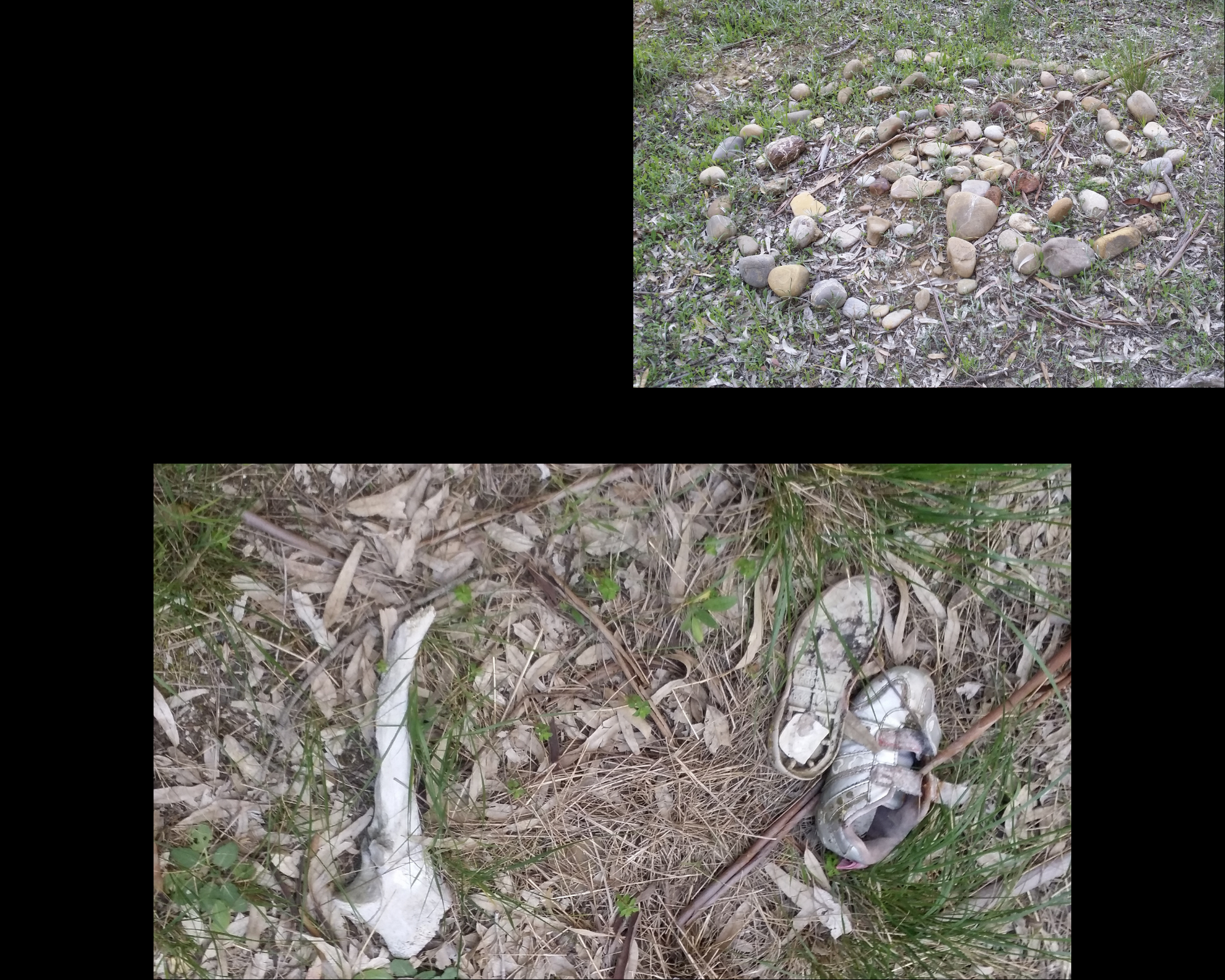 Cerchi concentrici di pietre; osso di animale con scarpette grigio chiaro rotte di bambina