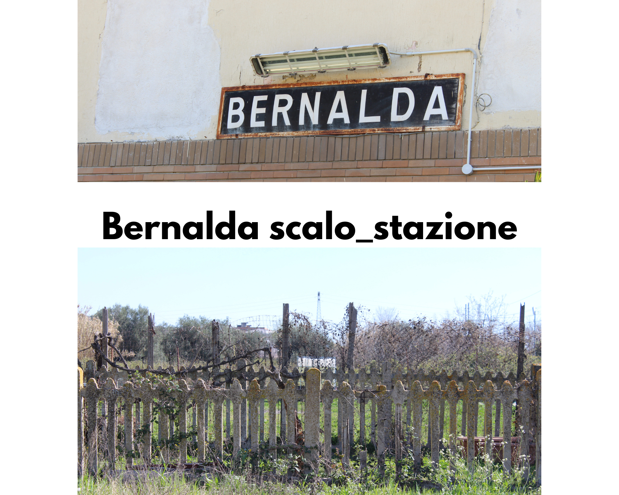 Bernalda scalo, stazione: cartello "Benalda"; recinzione di cemento
